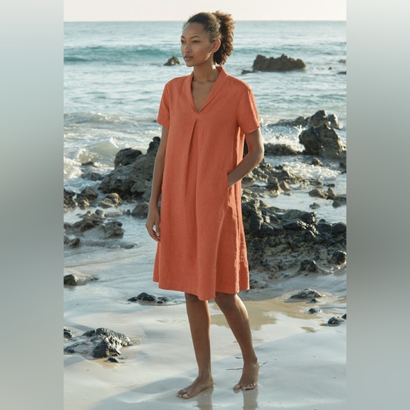 Poetry UK Linen Midi Dress Size 14 Orange Oversized Short Sleeves Side Pockets - Picture 2 of 12